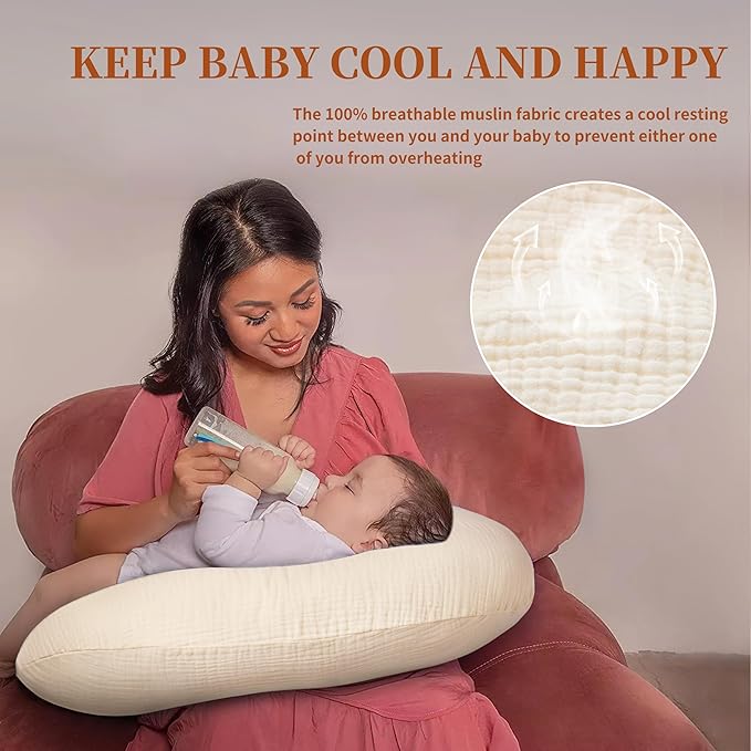 Pro Goleem Muslin Nursing Pillow Cover, 100% Cotton Soft Breathable Feeding Pillow Slipcover for Breastfeeding Moms, Fits Standard Infant Nursing Pillow, for Boys and Girls, 2 Pack (Brown＆Beige)