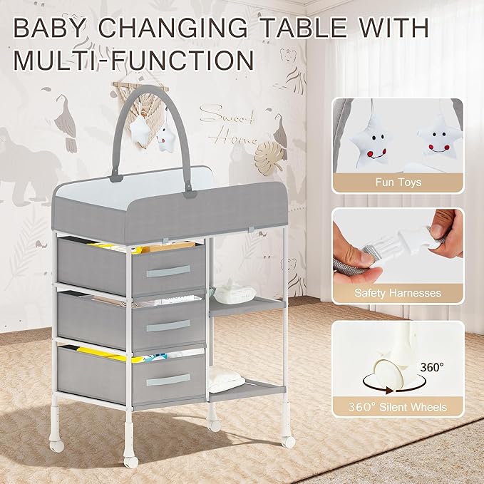 Baby Changing Table, Diaper Changing Table with Waterproof Pad, Portable Changing Table with 3 Storage Baskets and Toy, Mobile Nursery for Infant and Newborn