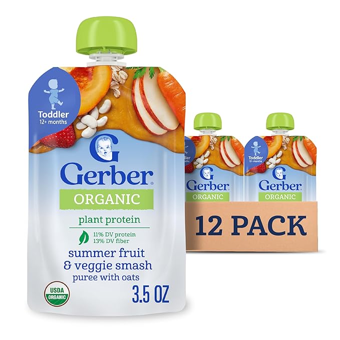 Gerber Toddler Food, Organic Summer Fruit and Veggie Smash Puree Pouch, Toddler Pouches, No Added Sweetener, No Artificial Flavors, 12-Pack