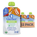 Gerber Toddler Food, Organic Summer Fruit and Veggie Smash Puree Pouch, Toddler Pouches, No Added Sweetener, No Artificial Flavors, 12-Pack