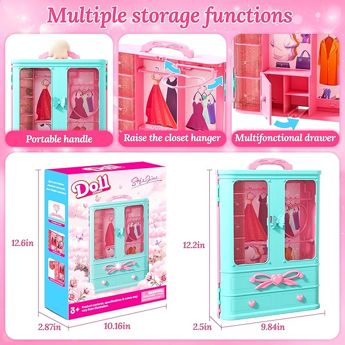 70 Pcs Doll Closet with Clothes & Accessories Set,2 Wedding Gowns 6 Fashion Dresses 2 Casual Outfits 2 Swimsuit 10 Shoes 20 Hanger 27 Accessories,Dress up Toys for Girls Kids Birthday Gift