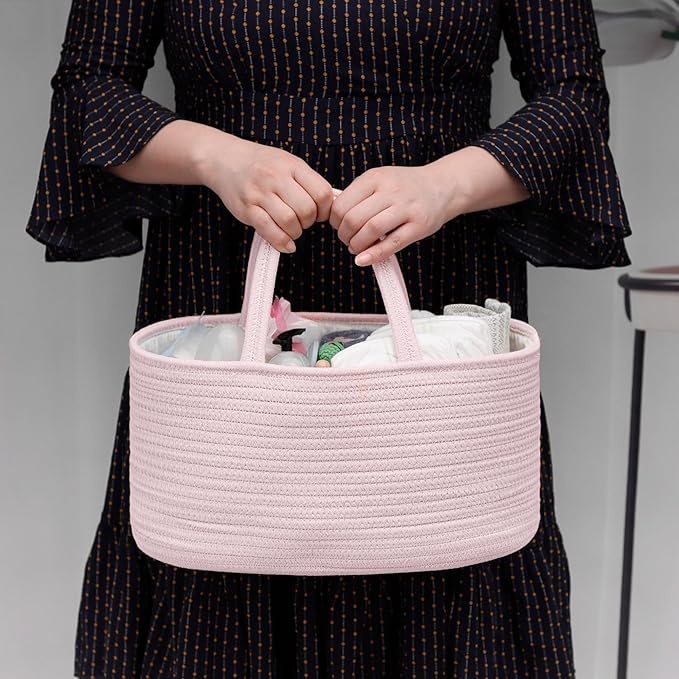 COMSE Large Baby Diaper Caddy Organizer for Girl Boy, Car Caddy with Handles, Cotton Rope Basket for Changing Table, Nursery Organizer, Gift for Baby Shower and Registry Must Have, Light pink