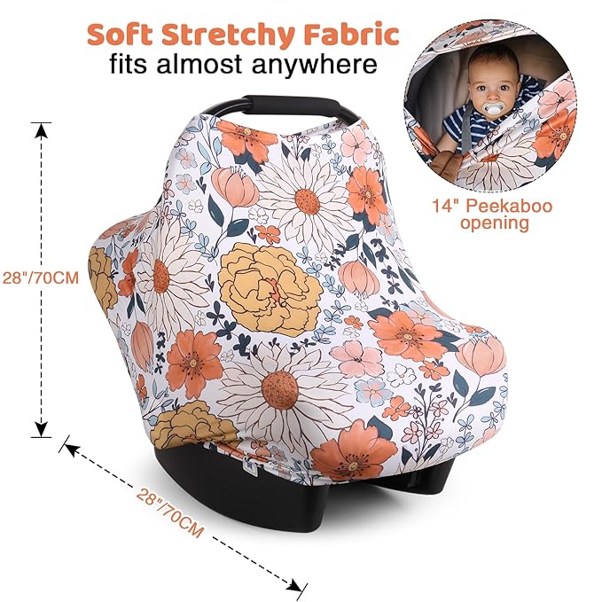 Rquite All-in-1 Car Seat Cover Baby, Carseat Covers for Girl Boy, Stretchy Soft Infant Car Seat Cover, Multi-use Baby Carrier Cover, Car Seat Canopy, Stroller Sun Shade, Nursing Breastfeeding Cover