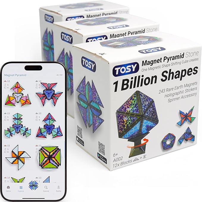 TOSY Magnet Pyramid Stone - 1 Cube Transforms into 1 Billion Shapes, 12 Pieces, 243 Rare Earth Magnets, Holographic Design Magnet Tiles Creative Puzzle STEM/STEAM Toy, 3-Pack