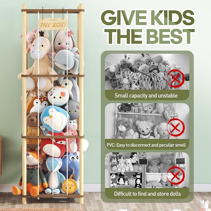 Stuffed Animal Storage, Two-Tone Wood Toy Storage, Space Save Zoo Toy Organizer, Large Capacity Stuffed Animal Holder for Toddler, Gift for Playroom Bedroom Nursery, WJJ-S1