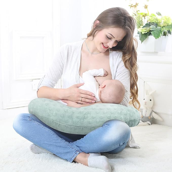 LAT Nursing Pillow for Breastfeeding with Removable Minky Cover,Ergonomic Breast Feeding Pillows for Mom and Baby,Machine Washable(Green)