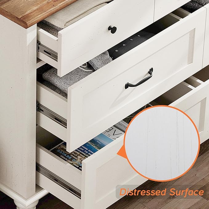 WAMPAT White Dresser Set with 14 Drawers for Bedroom, 2-in-1 Kids Dresser for Nursery Kids Room, Mid Century Modern Chests & Dressers, Distressed Wide Dresser Organizer for Children’s Bedroom