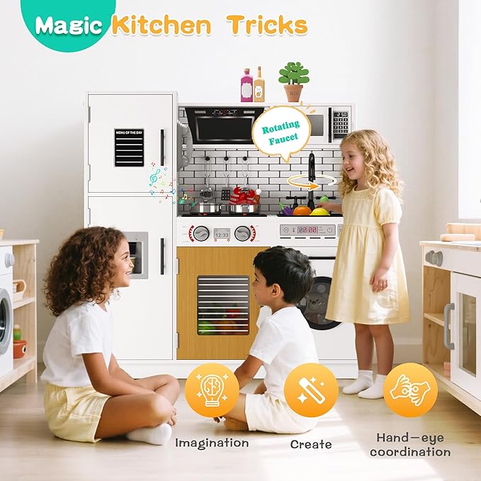 soges Kids Kitchen Playset with Lights & Sounds - 31" H Interactive Pretend Play Toy with Storage Cabinet, Stainless Steel Cookware, Eco-Friendly Design, for Toddlers Ages 3 Years and Over