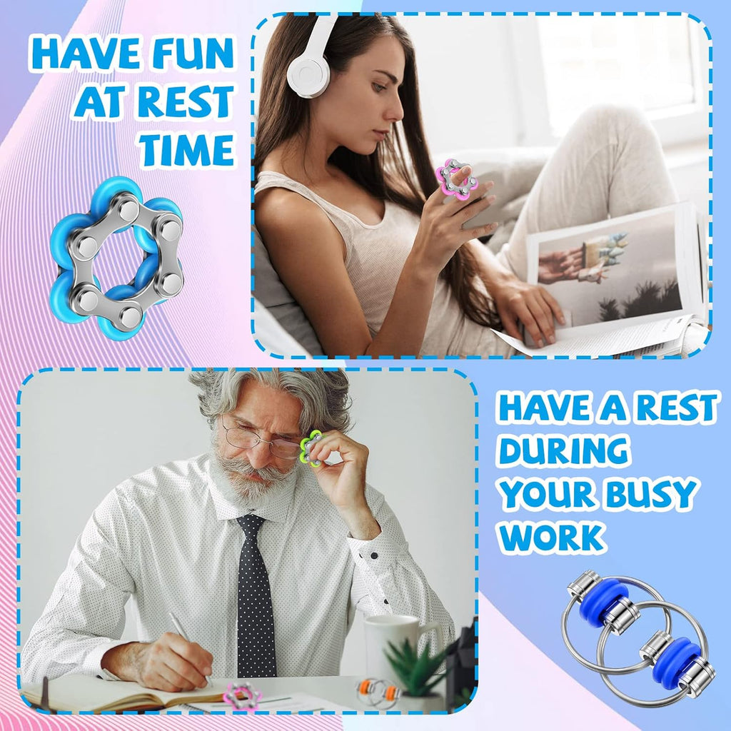 CHENGU 16 Pcs Fidget Toys Set Include 8 Six Roller Chain and 8 Key Flippy Chain Stress Reducer Bike Chain Toys Anxiety Relief Bike Chain for Teens Adults ADHD, Add, Autism (Cute)