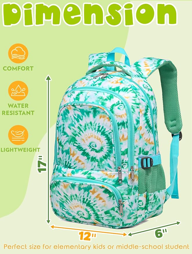 BLUEFAIRY Kids Backpack for Girls Elementary Primary Middle School Bags for Aged 8-10 for Teens Childs Bookbags Back to School Book Bags Gifts Mochilas para Niñas de 6 7 8 9 10 Años Tie-dye Green