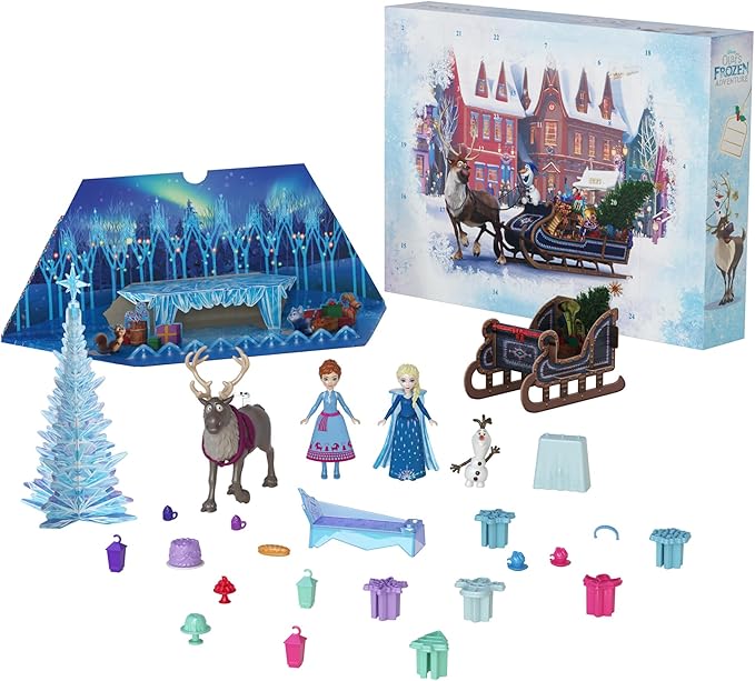 Mattel Disney Frozen Toys, Anna & Elsa Small Doll Advent Calendar with 2 Friend Figures, Moldable Sand & 24 Play Pieces, Inspired by Olaf’s Frozen Adventure