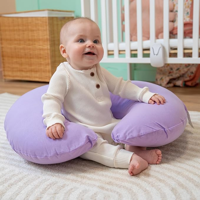 Dr. Mama's Organics Nursing Pillow with Lumbar Support - Ergonomic Design Helps Relieve Back Pain and Arm Fatigue - for Bottle and Breastfeeding - Removable Organic Cotton Cover - (Lilac)