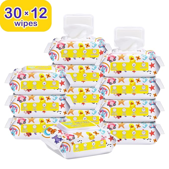 HAPPY BUM Saline Baby Wipes, Unscented, 360 Count (12 Packs of 30 Wipes) Saline Face Wipes