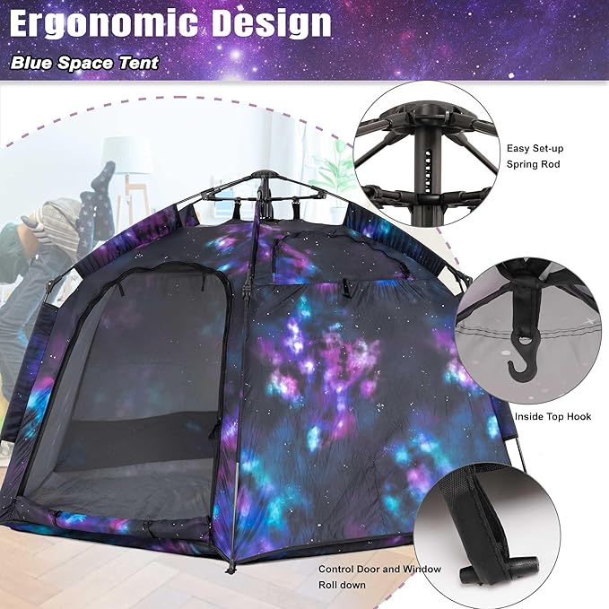 Portable Hexagon Kids Play Tent with LED Strip Lights Indoor Children Play House Easy Set-up Space Dream Tent for Night.4-5 Person Large Tents & Birthday Gifts