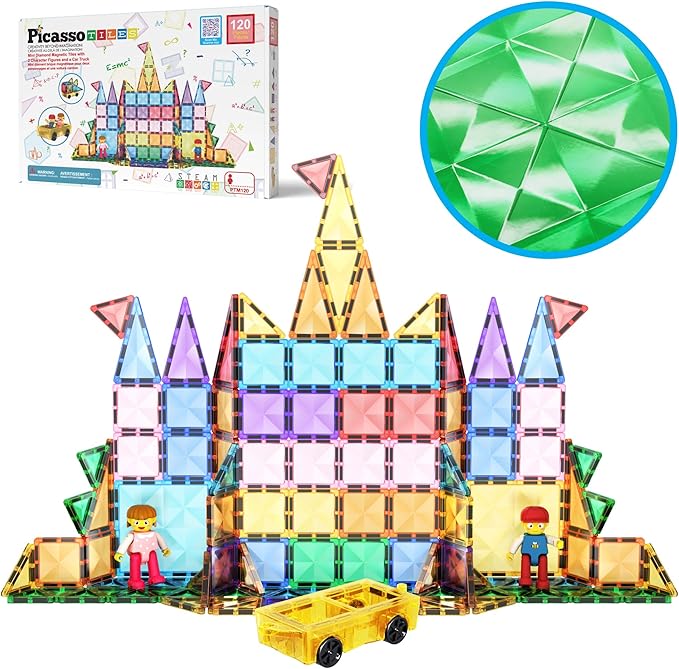 PicassoTiles 120pcs Mini Size Magnetic Tiles Magnet Toys Diamond Series Sensory Construction Building Blocks Set STEM Learning Travel Size Educational Toy for Kids Boys Girls Toddlers Age 3+ PTM120