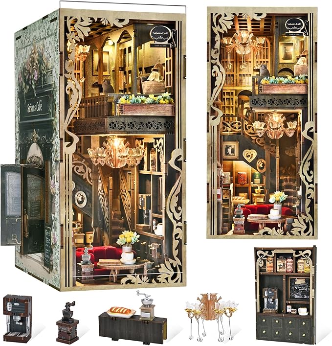 Book Nook Kit, DIY Miniature Dollhouse Book Nook Kit with Dust Cover and LED Light (Saisons Café)