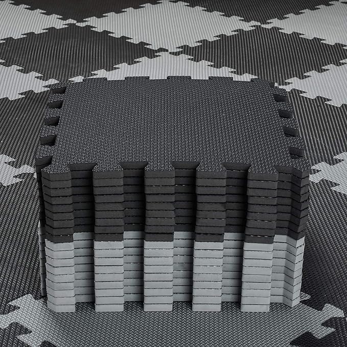 qqpp EVA Rubber 18 Tiles Interlocking Puzzle Foam Floor Mats - Baby Play Mat for Playing | Exercise Mat for Home Workout. Black, Gray. QC-DLb18N