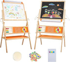 3-in-1 Wooden Easel for Kids, Toddle Double-Sided Easel with Magnetic Whiteboard and Painting Blackboard, 360° Rotatable, Paper-roll Holder, Storage Tray, and Stickers Included