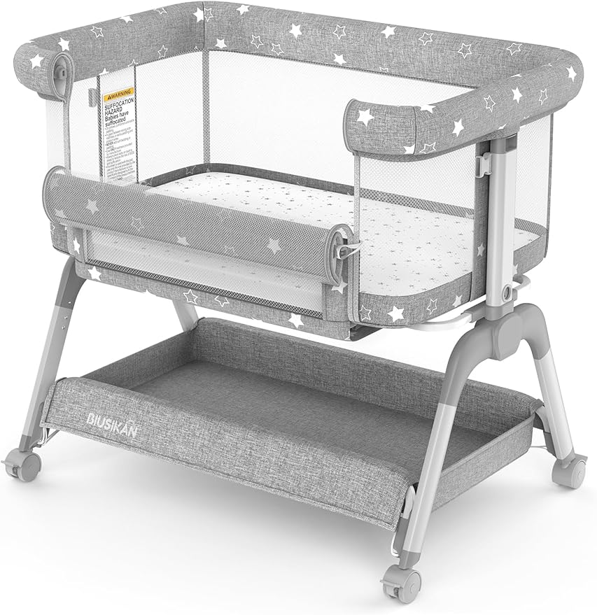 Bassinet Bedside Sleeper, Baby Crib with Mattress and Adjustable Height & Upgraded Wheels, All Mesh Portable Bassinet, Baby Bed for Newborn