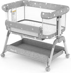 Bassinet Bedside Sleeper, Baby Crib with Mattress and Adjustable Height & Upgraded Wheels, All Mesh Portable Bassinet, Baby Bed for Newborn