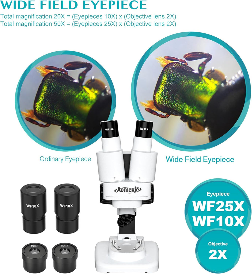 Aomekie® Microscope 20X 50X with 10Pcs Slides Insect Specimen Stereo Microscope with WF eyepieces LED Light Source Portable Stereoscope