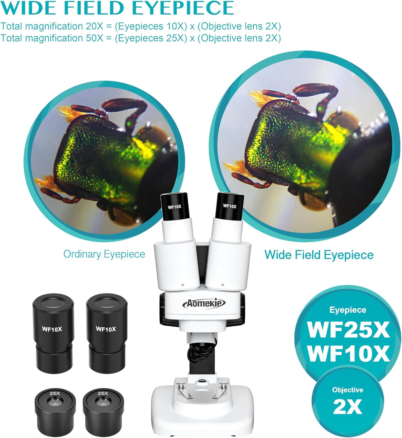 Aomekie® Microscope 20X 50X with 10Pcs Slides Insect Specimen Stereo Microscope with WF eyepieces LED Light Source Portable Stereoscope