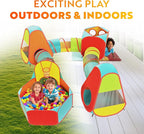Playz 7pc Kids Play Tent with 1 Big Ball Pit for Babies, 3 Play Tunnel for Toddlers, and 3 Pop Up Tents Playhouse Bundle, Best Birthday Gift for Boys & Girls, Indoor & Outdoor Use Portable Play Center