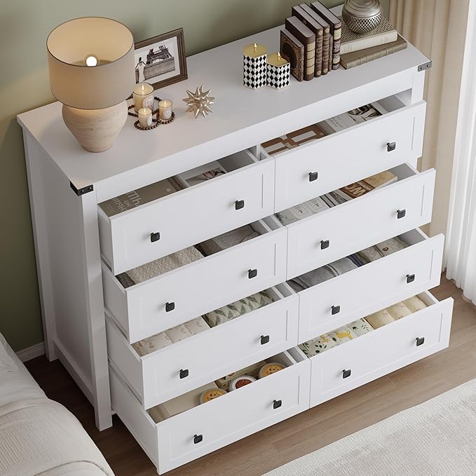 Tall 8-Drawer Dresser, Modern Wooden Storage Chest of Drawers, Dresser TV Stand, Wood Drawer Organizer with Metal Handles for Bedroom, Living Room, Hallway