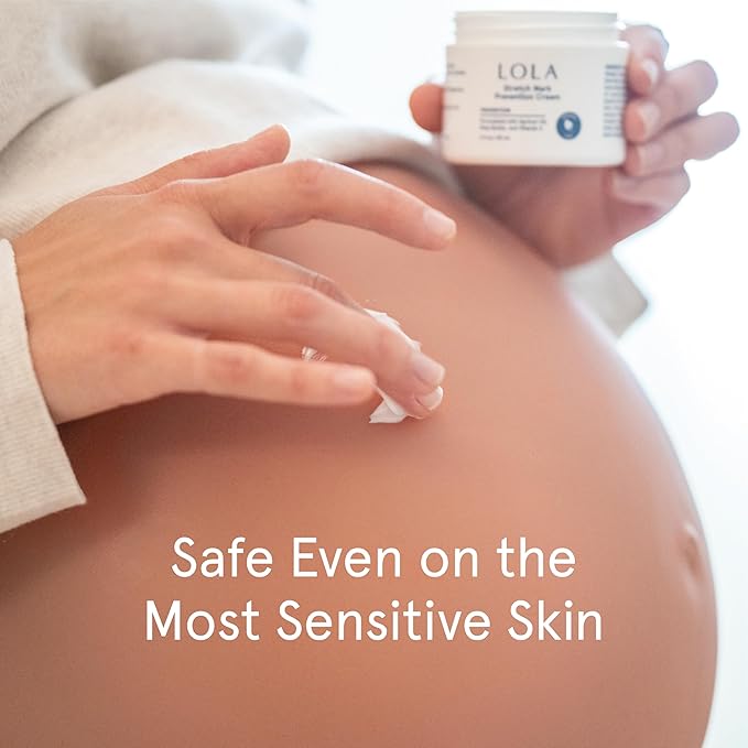 LOLA Stretch Mark Prevention Cream with Hydrating Body Oil for Skin Elasticity - Gentle Hypoallergenic Maternity Self Care Formula - Cocoa Butter Scar Cream & Collagen Support - 4 Fl Oz