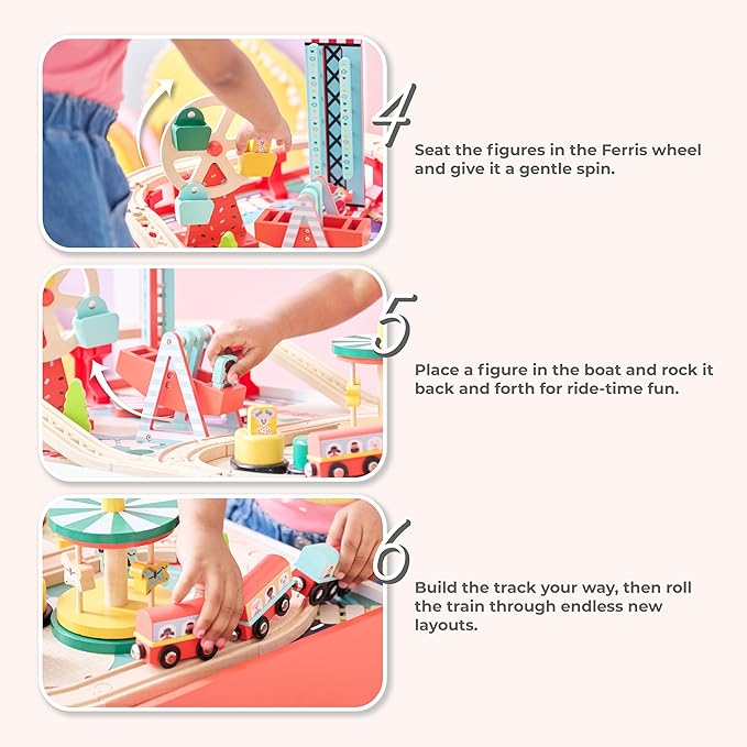 Teamson Kids Wooden Train Table – Carnival-Themed Amusement Park Playset with Ferris Wheel, Carousel & Train Track – Interactive Toy for Toddlers with Storage – Ages 3+