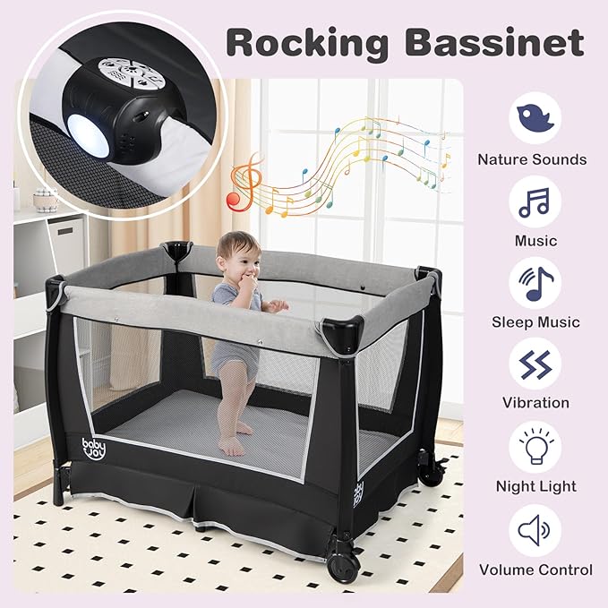 BABY JOY 5 in 1 Pack and Play, Portable Nursery Center Baby Playard w/Bassinet & Diaper Changing Table, Infant Bassinet Activity Center with Toys, Music, Oxford Bag for Toddlers (Space Grey, Classic)