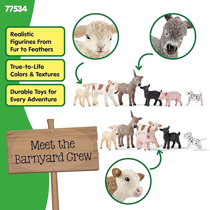 Schleich Farm World - 6 PC Baby Farm Animal Playset with Puppy, Lamb, Goat, Piglet, Calf and Donkey Toys - Realistic Barnyard Figurines - Fun Educational Figures for Kids and Toddlers Ages 3+