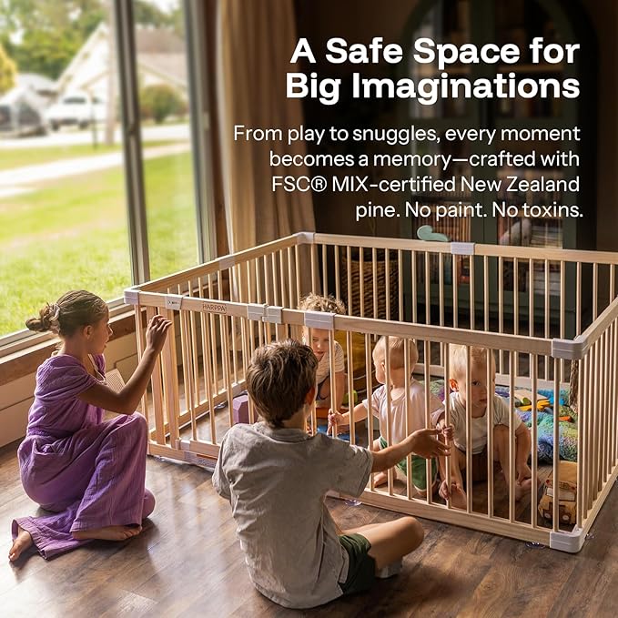 HARPPA Baby Gate Playpen Wooden Playpen for Babies and Toddlers Large Play Yards Baby Fence Play Area 45.66 x 45.66 x 24 inch