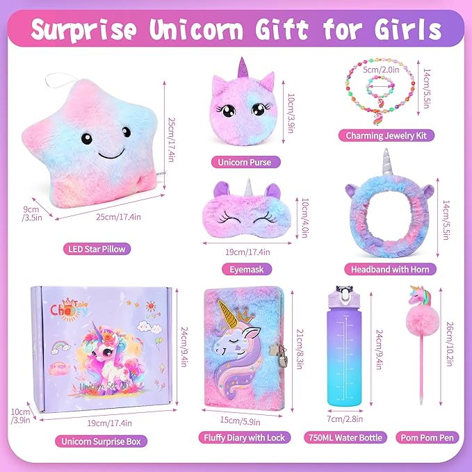 Cherry Tale Unicorn Gifts for Girls Age 6-8, Kids Unicorn Toys Set with Light Up Star Pillow Diary Headband Eye Mask Christmas Birthday Gifts for Little Girls Age 4 5 6 7 8 9 10