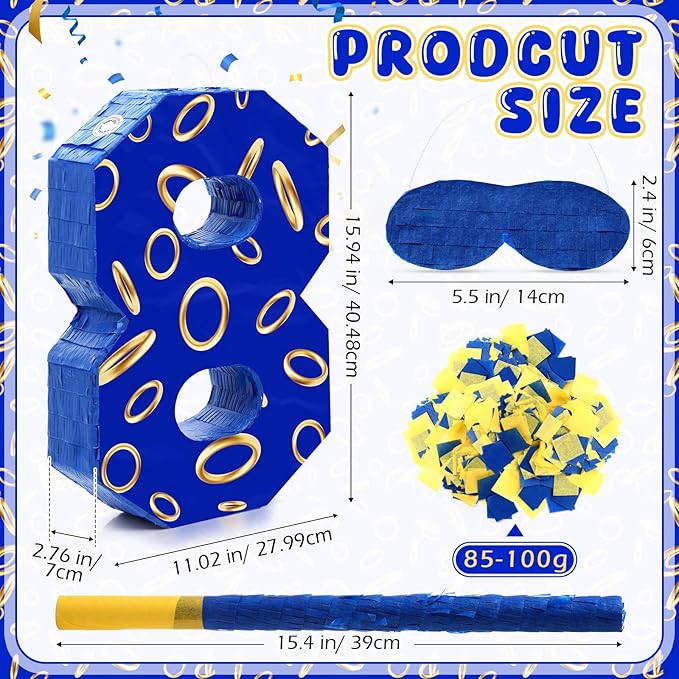 Number 8 Blue and Golden Rings Piñata for Kids Birthday Cartoon Theme Small Piñata with Blindfold Stick Confetti for Fiesta Cinco De Mayo Party Decor, 15.8 x 11 x 2.8 Inch