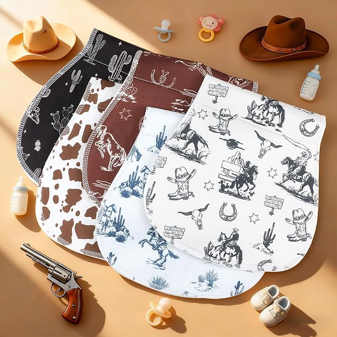 5 Pack Vintage Western Baby Burp Cloths Soft Absorbent Burping Rags for Newborns 19"x9" Spit up Cloths for Boy Girl Newborn Baby Shower Registry Gifts Set Nursery Decor