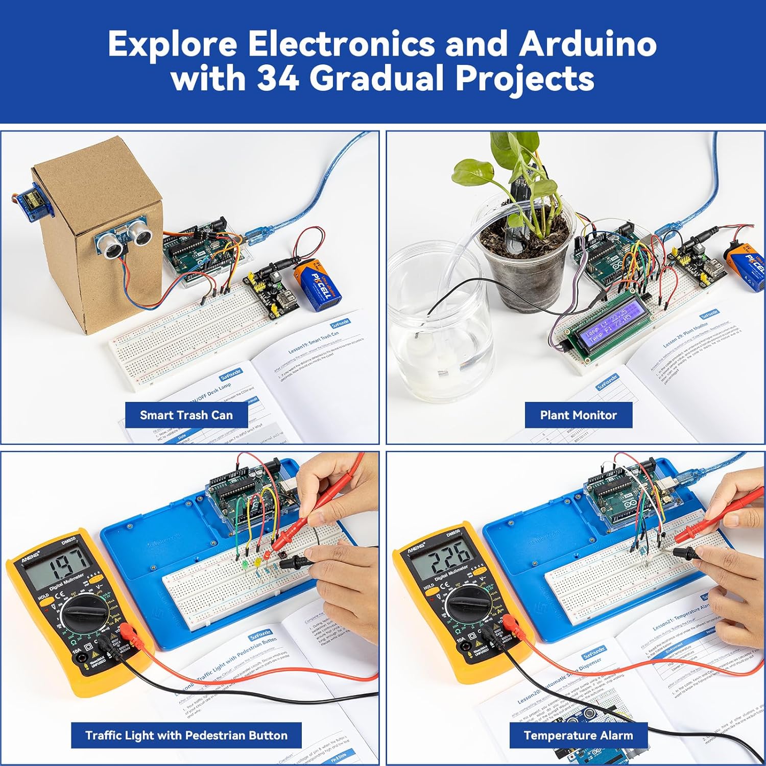 SunFounder Inventor Lab Starter Kit with Original Arduino Uno R3 REV3 Board Multimeter Basic to Advance 34 Projects RAB Breadboard Holder HCSR-04 Sensor 1602 LCD Servo Motor