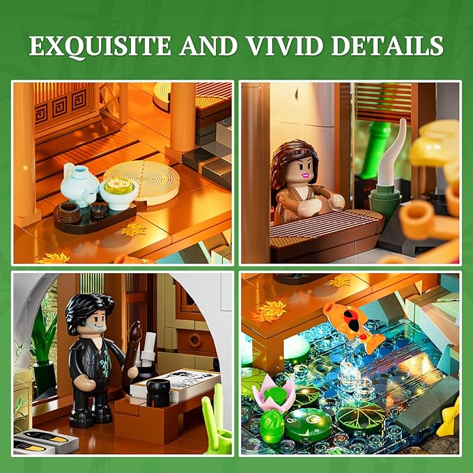 Bamboo-House Lighting Building-Bricks Set - Retro Chinese Bamboo Cabin and Treehouse Collection LED Light Set 2432 Pcs for Adults and Retro House Building Collectors