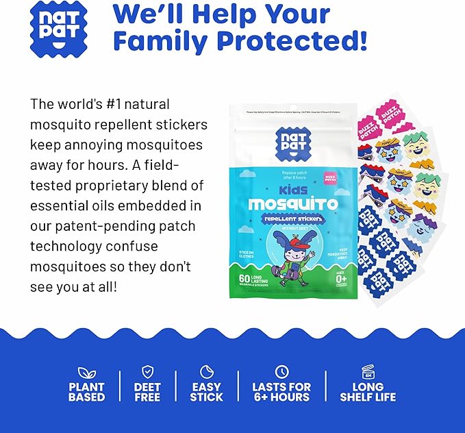 NATPAT Buzz Patch Mosquito Patch Stickers for Kids - Plant Based Ingredients, Non-Toxic - The Original All Natural Citronella Essential Oil Insect Patch, DEET Free, for Toddlers, Kids (60 Pack)