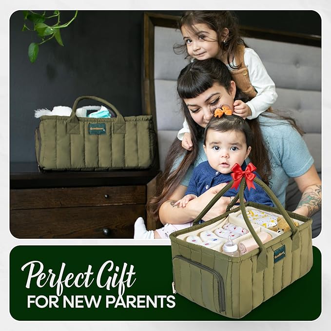 Large Diaper Caddy Organizer with Handle Neutral Boy Girl – Baby Basket for Nursery, Car, Changing Table – Portable Baby Storage with Compartments – Perfect for New Parents and Baby Shower Gifts