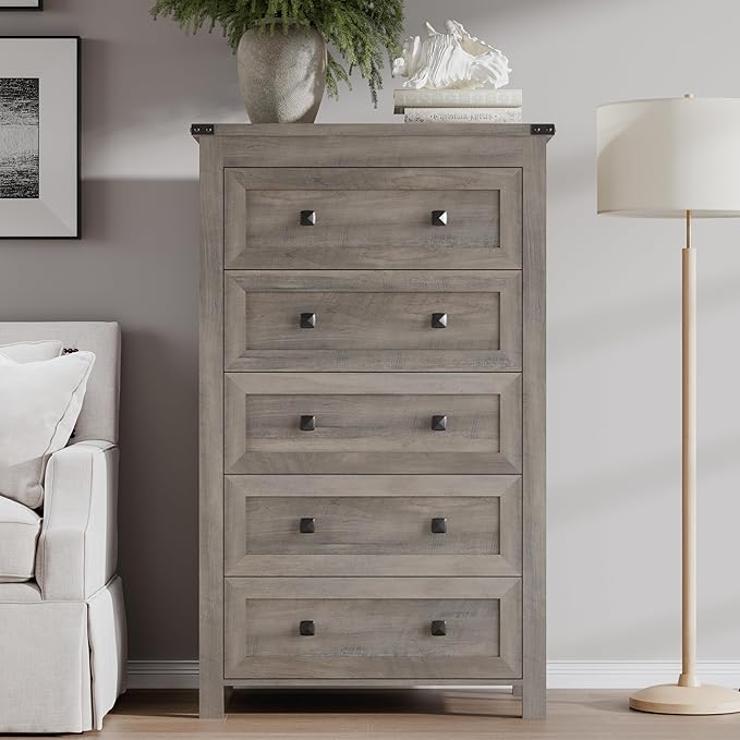 Tall 5-Drawer Dresser, Modern Wooden Storage Chest of Drawers, Dresser TV Stand, Wood Drawer Organizer with Metal Handles for Bedroom, Living Room, Hallway