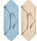 Organic Muslin Hooded Baby Bath Towels - 2 Pack 100% Organic Cotton Towel for Babies, Infants, Toddlers - 32x32Inch - Highly Absorbent and Newborn Essential (Brown Blue)