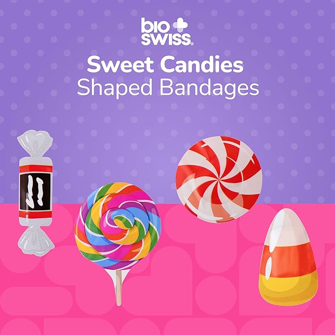 BioSwiss Bandages, Sweet Candies Shaped Self Adhesive Bandage, Latex Free Sterile Wound Care, Fun First Aid Kit Supplies for Kids and Adults, 24 Count