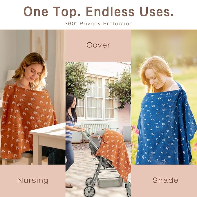 2 Pack Nursing Covers 100% Cotton Breastfeeding Cover Privacy Muslin Large Nursing Scarf Gift Set (Starry Rainbow Gradient)