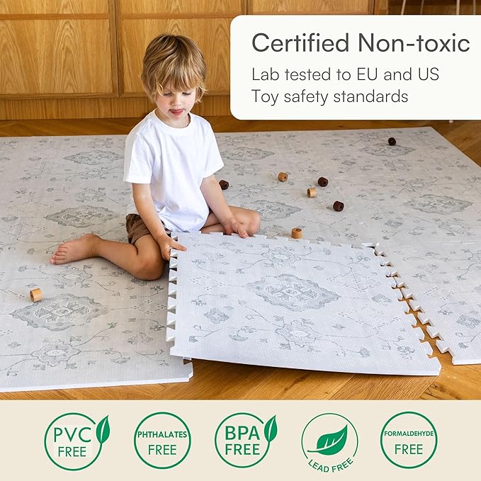 Lillefolk Baby Play Mat for Floor – 6x8ft Vintage Gray | Soft Non Toxic Premium EVA Foam Tiles for Tummy Time, Crawling & Playroom – Waterproof Interlocking Floor Mat for Babies & Toddlers (12 Tiles)