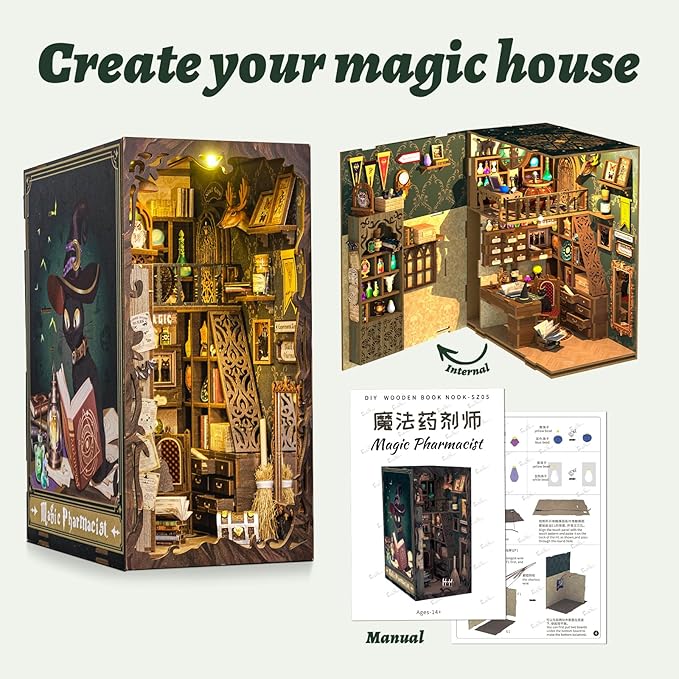 CUTEBEE Book Nook Kit - DIY Miniature House Dollhouse Kit for Adults and Teens, 3D Wooden Puzzle Booknook Build Bookshelf Decor, Gifts for Family and Friends (Magic Pharmacist)