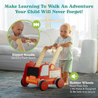 Wooden Baby Walker with Wheels - Baby Walkers for Boys Fire Truck Walker Baby - Walker for Baby Boy with Rigged Handles - Adjustable Height and Chalkboard on Wooden Activity Walker