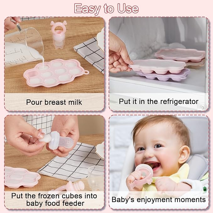 KingKam Baby Breastmilk Popsicle Molds & Baby Fruit Feeder (2 Pack), Baby Food Freezer Tray Storage Containers, Silicone Pacifier Feeder and Teether