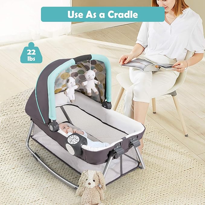 BABY JOY 5 in 1 Pack and Play, Portable Baby Playard w/Bassinet & Diaper Changing Table, Infant Nursery Center Bassinet with Toys & Music & Oxford Bag for Baby Toddlers (Blue, Dot Circle)