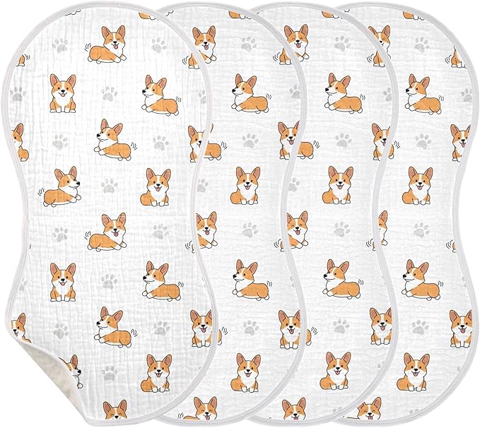 4 Pack Muslin Burp Cloths Cute Corgi Dogs White Cotton Baby Burp Cloths Absorbent Burping Cloth Soft Spit Up Rags for Newborn Must Haves 22x11 Inch